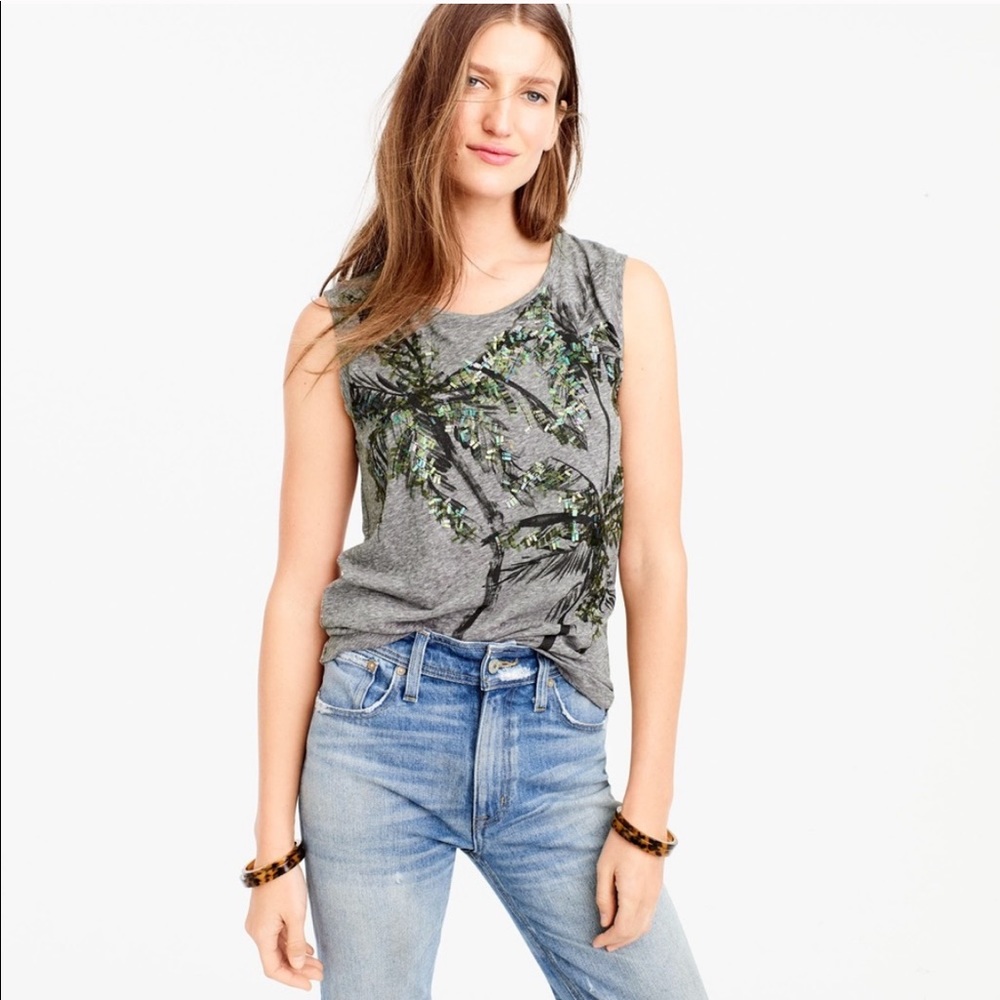 J. Crew Sequin Palm Tree Tank Top Muscle Shirt L